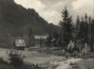 Alpenlandschaft Mit Wiesen Und Bauerngehoft by Ludwig Correggio
