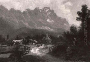 Gebirgslandschaft Mit Alm, Im Vordergrund Marterl Und       Geoffnetes Weidegatter by Ludwig Correggio