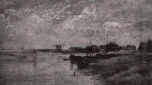 Abendliche Seelandschaft, Am Ufer Boote Abendliche Seelandschaft, Am Ufer Boote