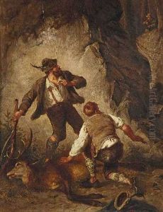 Auf Frischer Tat Ertappt: Zwei Wilderer Mit Erlegtem Hirsch Werden Von Einem Jager Uberrascht by Max Correggio