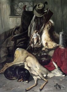 Jagdliches Stilleben Mit Erlegtem Rehbock, Hasen Und Rebhuhnern In Interieur Mit Lehnstuhl, Schlafendem Dackel Und Zinnkrug by Max Correggio