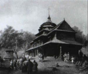 Sonnt,gliches Treffen Von Russischen Glaubigen Vor H"lzerner Kirche by Max Correggio