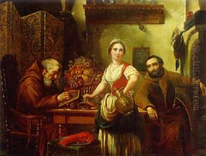 A Kitchen Interior With A Milkmaid And Monks