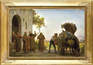 Monche Mit Weinhandler Bei Einer Weinprobe Vor Dem Kloster by Arnoldo Corrodi
