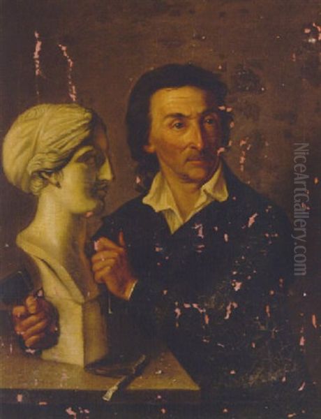 Portrait Of A Sculptor (bertel Thorwaldson?) Holding A Marble Bust And Tools - view 1