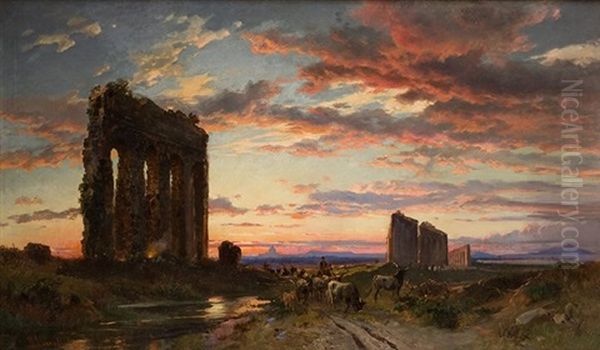 A Roman Aqueduct On The Appia Antica At Sunset - view 1