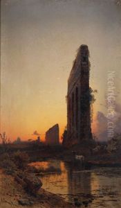 Landschaft Mit Ruinen Bei Abenddammerung by Hermann David Solomon Corrodi