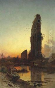 Roman Aqueducts With Cattle, St. Peter's Basilica Beyond by Hermann David Solomon Corrodi