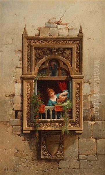 Junge Frau Am Fenster In Herrschaftlichem Anwesen - view 1