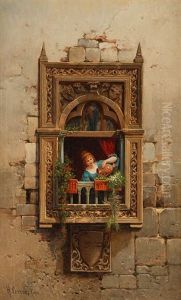 Junge Frau Am Fenster In Herrschaftlichem Anwesen