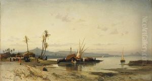 Uferpartie Am Nil. Flusslandschaft Bei Gizeh Mit Pyramiden Und Figurenstaffage by Hermann David Solomon Corrodi
