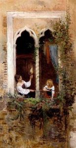 Im Blumengeschmuckten Fenster Eines Venezianischen Hauses Zwei Madchen Im Gesprach Miteinander by Hermann David Solomon Corrodi