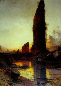 Ruins Outside Of Rome With Cattle In The Foreground by Hermann David Solomon Corrodi