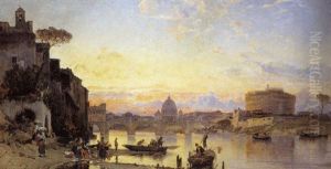 Gezicht Op De Tiber En De Engelenburcht Te Rome