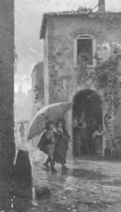 Tivoli- Zwei Kinder Mit Rotem Regenschirm by Hermann David Solomon Corrodi