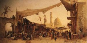 An Arab Market Scene With A Mosque Behind by Hermann David Solomon Corrodi