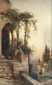 On The Verandah At Dusk by Hermann David Solomon Corrodi