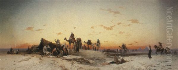 A Caravan In The Egyptian Desert By Pyramids - view 1