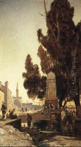 Arabs By A Fountain Outside An Egyptian City