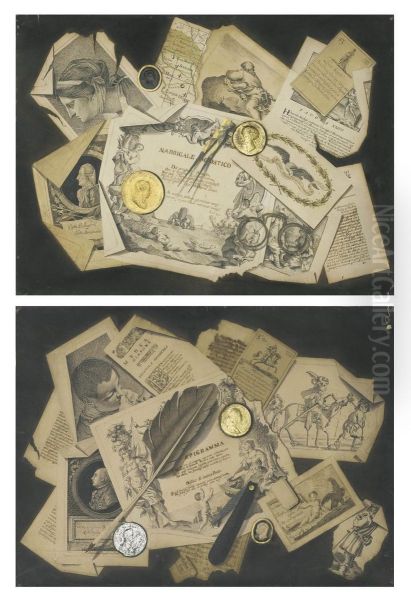 A Trompe-l'oeil Of Literary Extracts, Maps, Engravings, Medallionsand A Compass - view 1