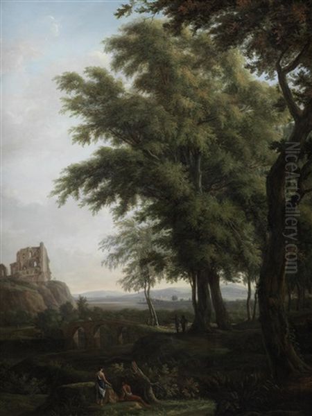 Figures In A Classical Landscape, With Chepstow Castle On The Horizon - view 1