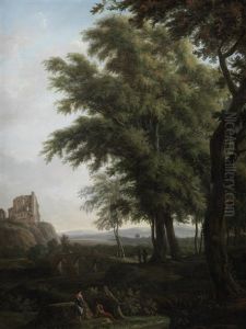 Figures In A Classical Landscape, With Chepstow Castle On The Horizon by Hendrik Frans de Cort