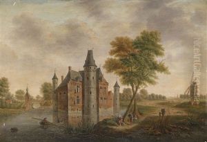Landschaft Mit Einer Wasserburg Und Einer Windmuhle