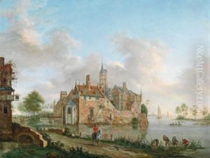 Seenlandschaft Mit Einem Wasserschloss, Einem Wirtshaus, Fischern Und Reitern
