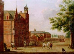 View Of A Town With Figures By A Canal View Of A Town With Figures By A Canal