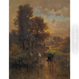 Uferpartie Im Abendrot Mit Kuhherde by Antonio Cortes Cordero