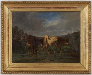 Vaches, Mouton Et Paysan Dans Un Paysage (pair) by Antonio Cortes Cordero