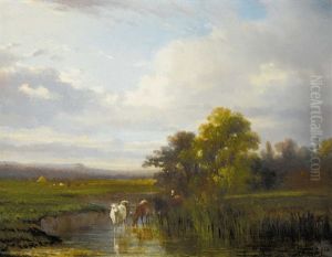 Abendlandschaft Mit Vieh Am Fluss by Antonio Cortes Cordero