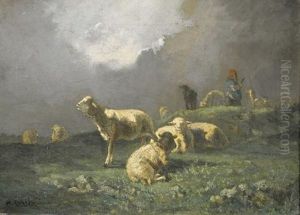Landschaft Mit Schafen Und Schaferin by Antonio Cortes Cordero