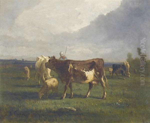 Weidepartie Mit Hirte, Kuhen Und Schafen - view 1