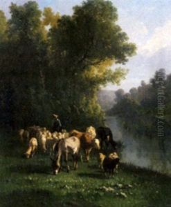 Nachmittagssonne Uber Einer Viehherde An Einer Tranke by Antonio Cortes Cordero