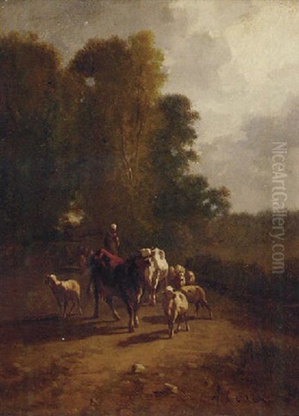 A Drover With Cattle And Sheep On A Wooded Track - view 1
