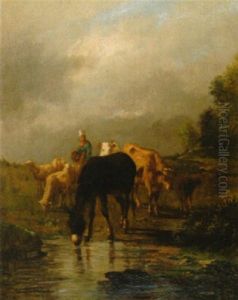 Viehherde An Der Furt by Antonio Cortes Cordero