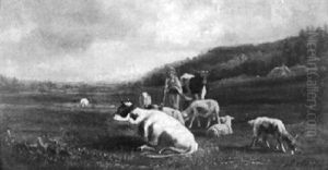 Hirtin Mit Kuhen Und Schafen In Hugeliger Graslandschaft