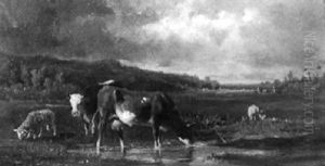 Kuhe Und Schafe An Der Wasserstelle by Antonio Cortes Cordero
