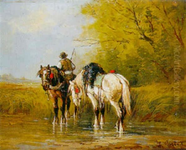Chevaux De Halage A La Mare - view 1