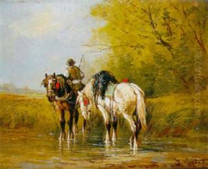 Chevaux De Halage A La Mare by Antonio Cortes Cordero