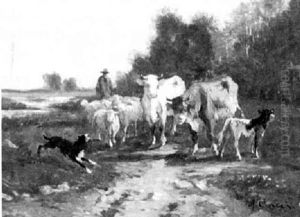 Herde Med Kor, Far Och Hund Herde Med Kor, Far Och Hund