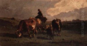 A Drover With Cattle And Sheep In A Landscape