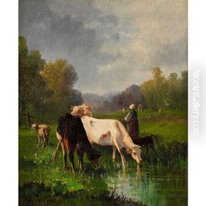 Kuhe Und Hirtin Am Ufer Eines Gewassers by Andres Cortes y Aguilar