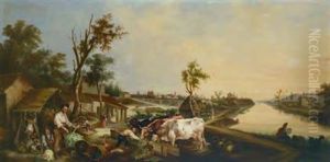 Landliche Szene, Im Vordergrund Bauern Bei Der Gemuseernte, In Die Bildtiefe Fuhrender Kanal, Im Hintergrund Stadtansicht