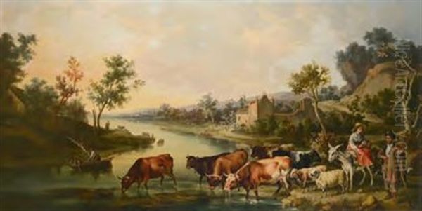 Landliche Szene Vor Flusslandschaft, Im Vorder Grund Bauerin Auf Einem Esel Und Bauer Mit Viehherde Vor Der Flussuberquerung - view 1
