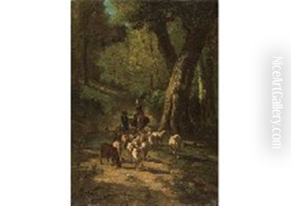 Paysans Et Troupeau En Foret - view 1