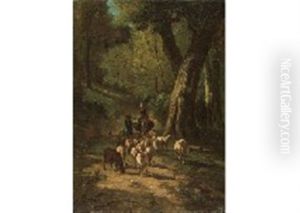 Paysans Et Troupeau En Foret by Andres Cortes y Aguilar