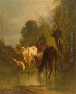 A Herd At The Waterside by Andres Cortes y Aguilar