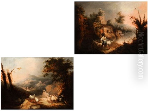 Landschaft Mit Schafen Und Schlafendem Schafer Sowie Schafer Beim Heimtreiben Seiner Schafe - view 1